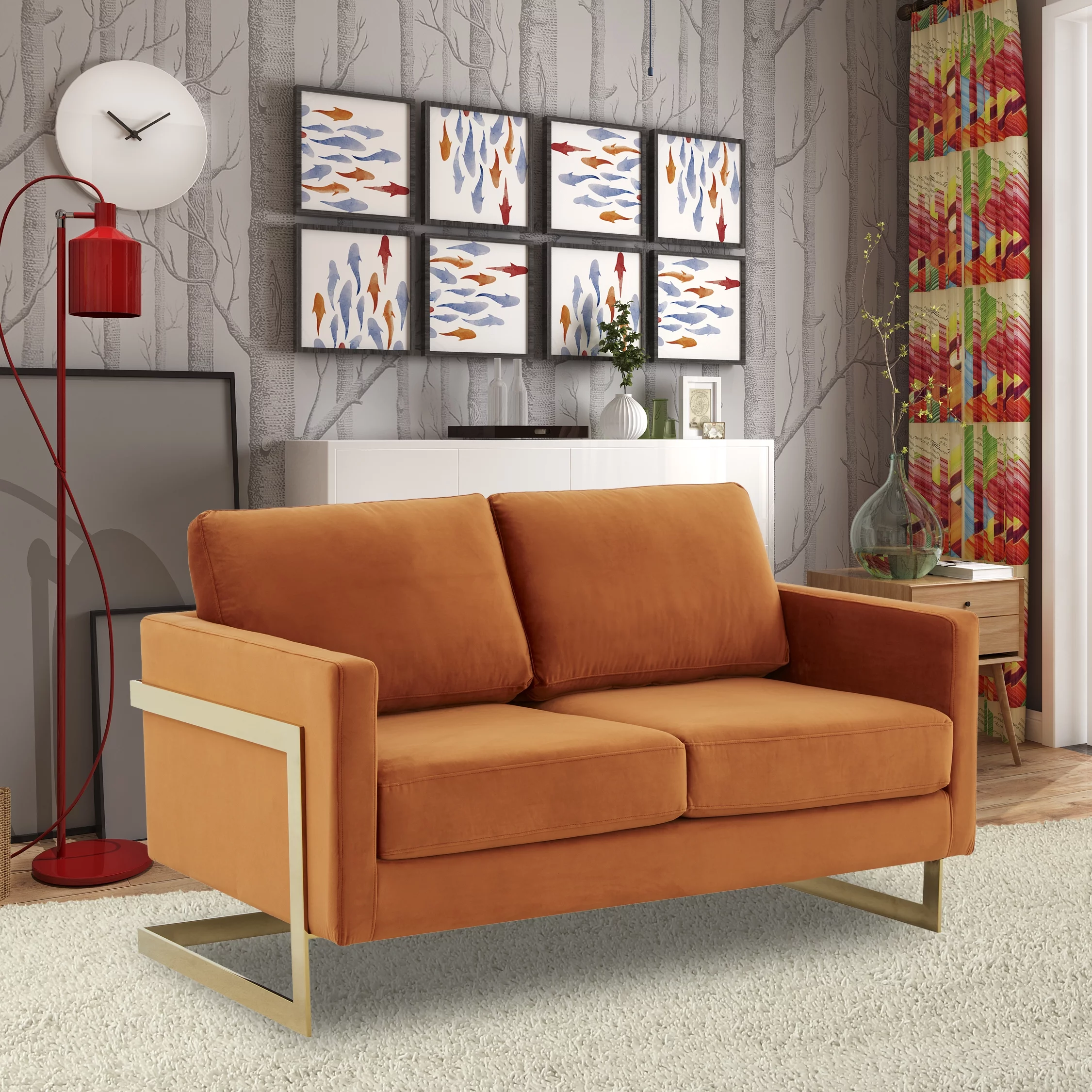 LeisureMod Lincoln Velvet Upholstered Loveseat in Orange Marmalade