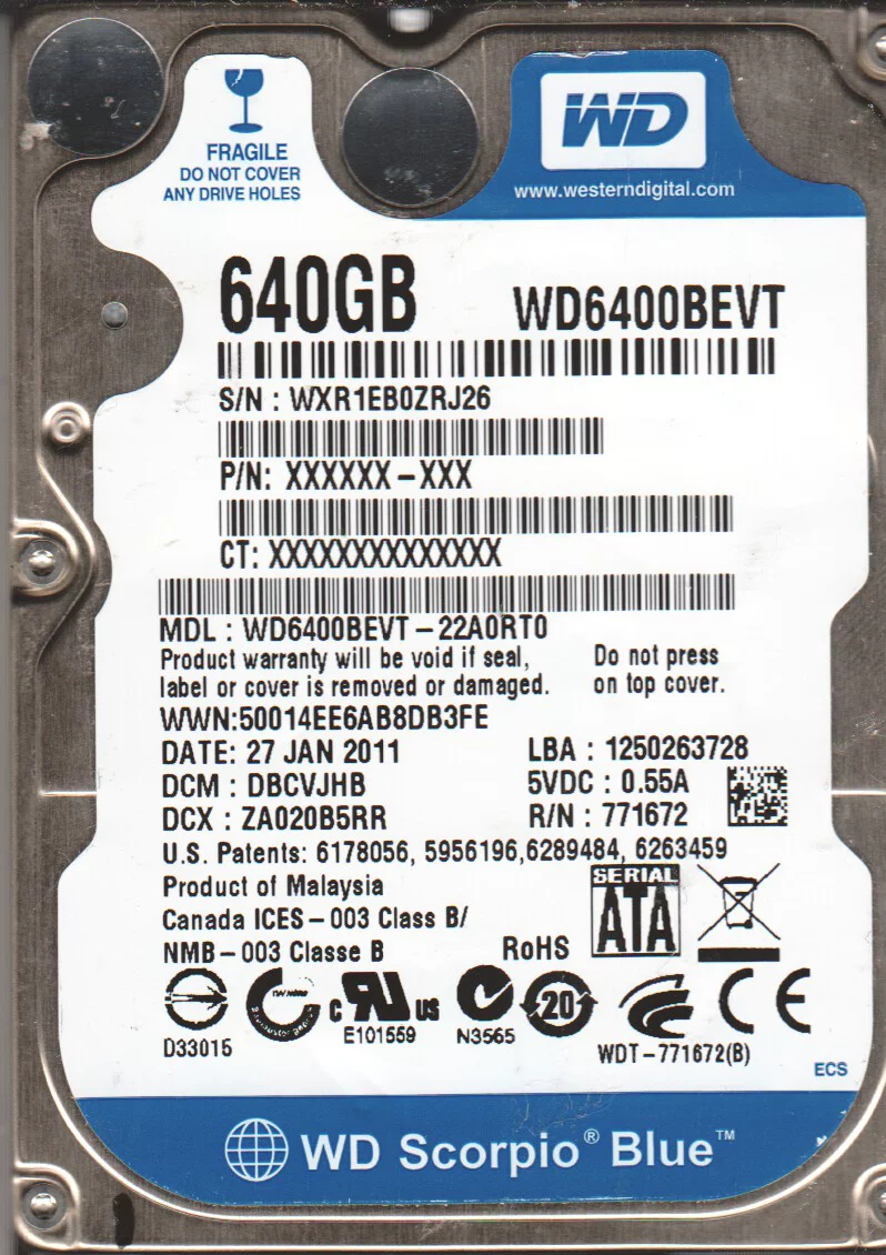 WD6400BEVT-22A0RT0, DCM DBCVJHB, Western Digital 640GB SATA 2.5 Hard Drive