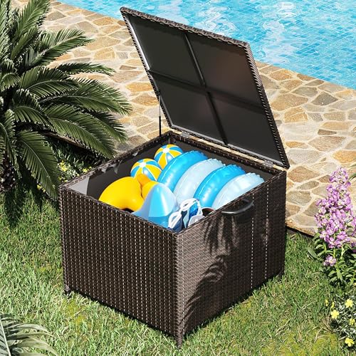 Outdoor Storage Deck Box, 80 Gallon Rattan Patio Furniture Storage Bins with Lid, Waterproof Outside Organizer Cabinet with Wheels and Handle for Cushions, Patio Furniture, Garden Tools