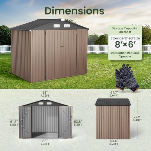 GVDV 8x6 FT Outdoor Metal Storage Shed, Durable Garden Shed with Updated Frame Structure for Backyard, Patio, Tool Storage, All-Weather Shelter for Bike, Gardening Tools