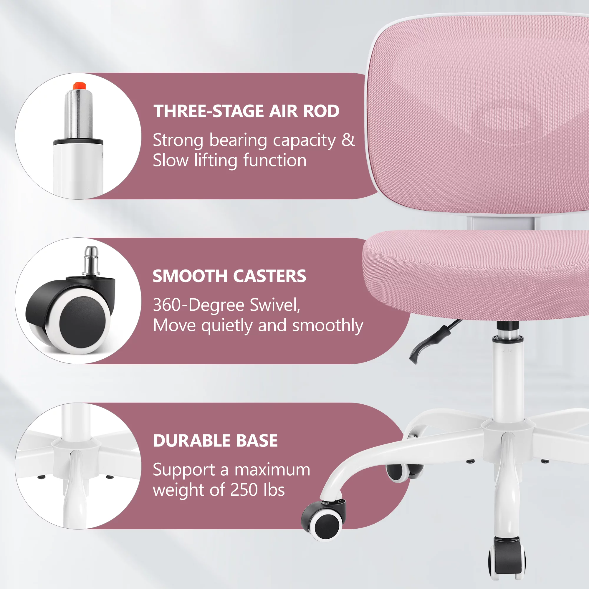 AMZFUN Small Kids Desk Chair, Home Office Computer Desk Chair with Armless Low Back Lumbar Support and Height Adjustable for Small Space (Pink)