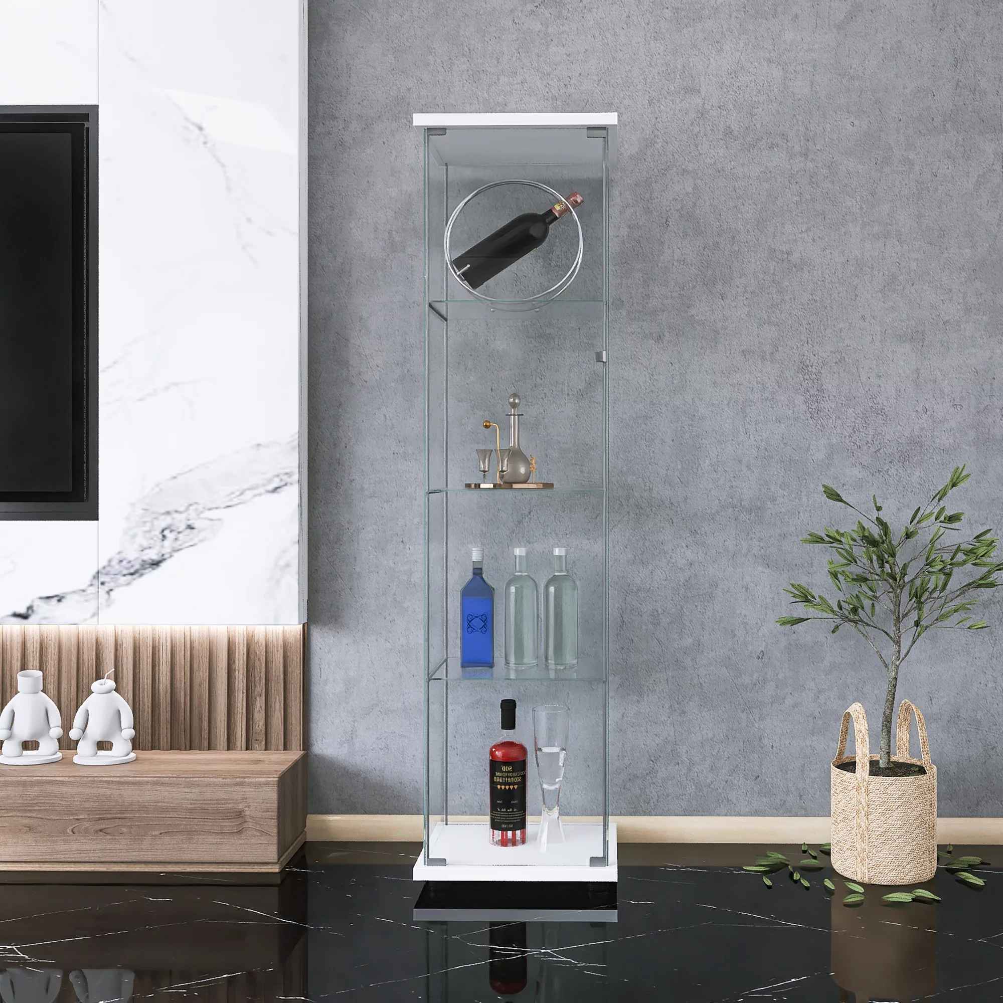 MMTX One Door Glass Cabinet Glass Display Cabinet with 4 Shelves, White