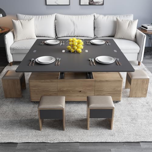 Multifunctional Lift-Top Coffee Table with 4 Stools, 3-in-1 Center Table, Space Saving Folding Dining Table,Lifting Coffee Table for Living Room, Small Space,Grey