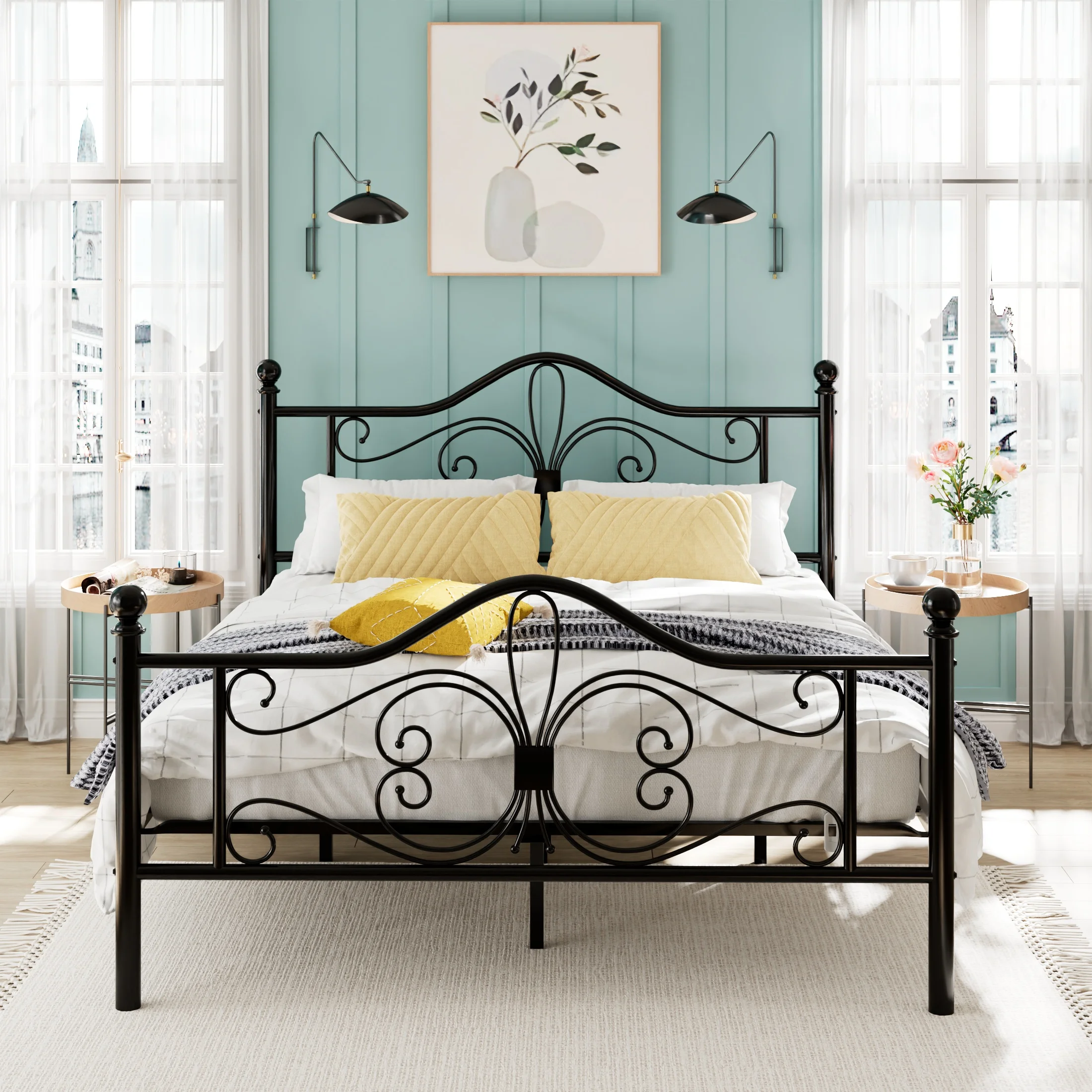 Amolife Queen Size Metal Platform Bed Frame With Vintage Butterfly Pattern Headboard&Footboard, Black