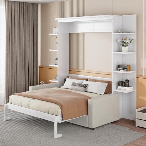 Polibi Queen Size Murphy Bed - Multi-Functional Wall Bed with Sofa Cushion, Folds into Cabinet, Ideal for Guest Room/Home Office/Gym, Gray
