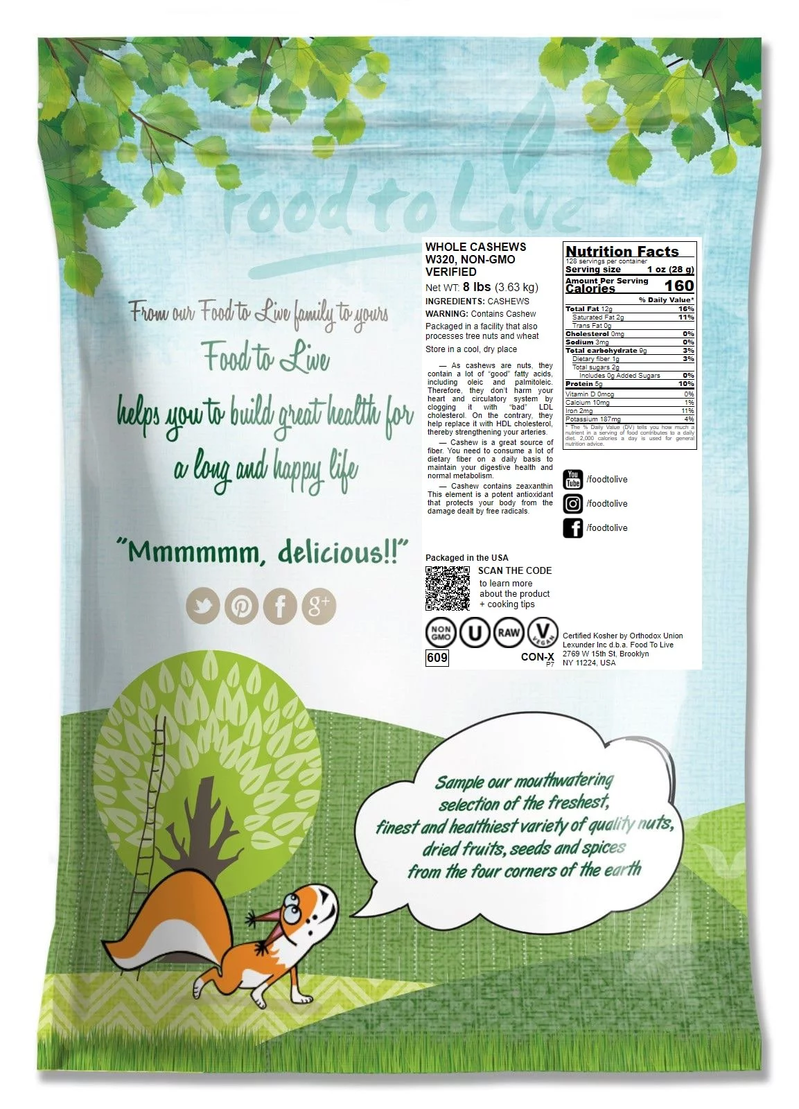 Food to Live, Whole Cashews W320, Non-GMO Verified, 8 Pounds, Raw