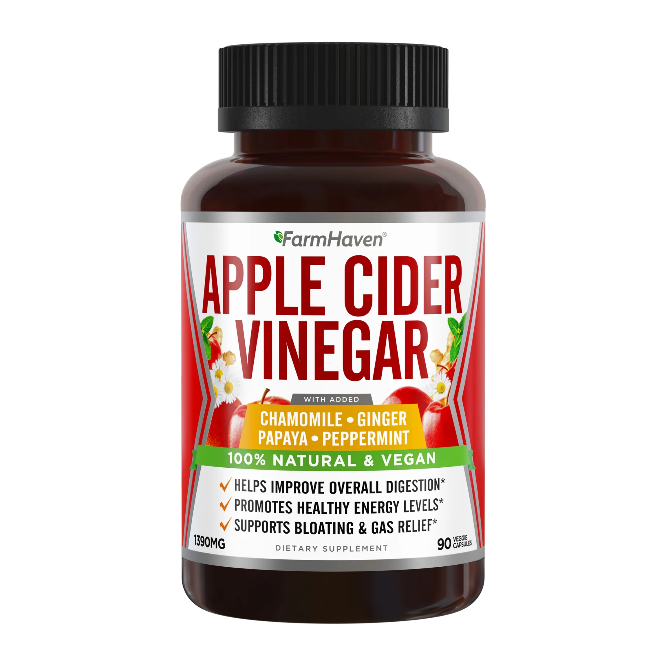 Apple Cider Vinegar Capsules With Ginger, Papaya & Chamomile | 1390mg | Improves Digestion, Energy, Immunity | Soothes Gas & Bloating Issues | Like With Mother | Non-GMO & 100% Natural | 90 Capsules