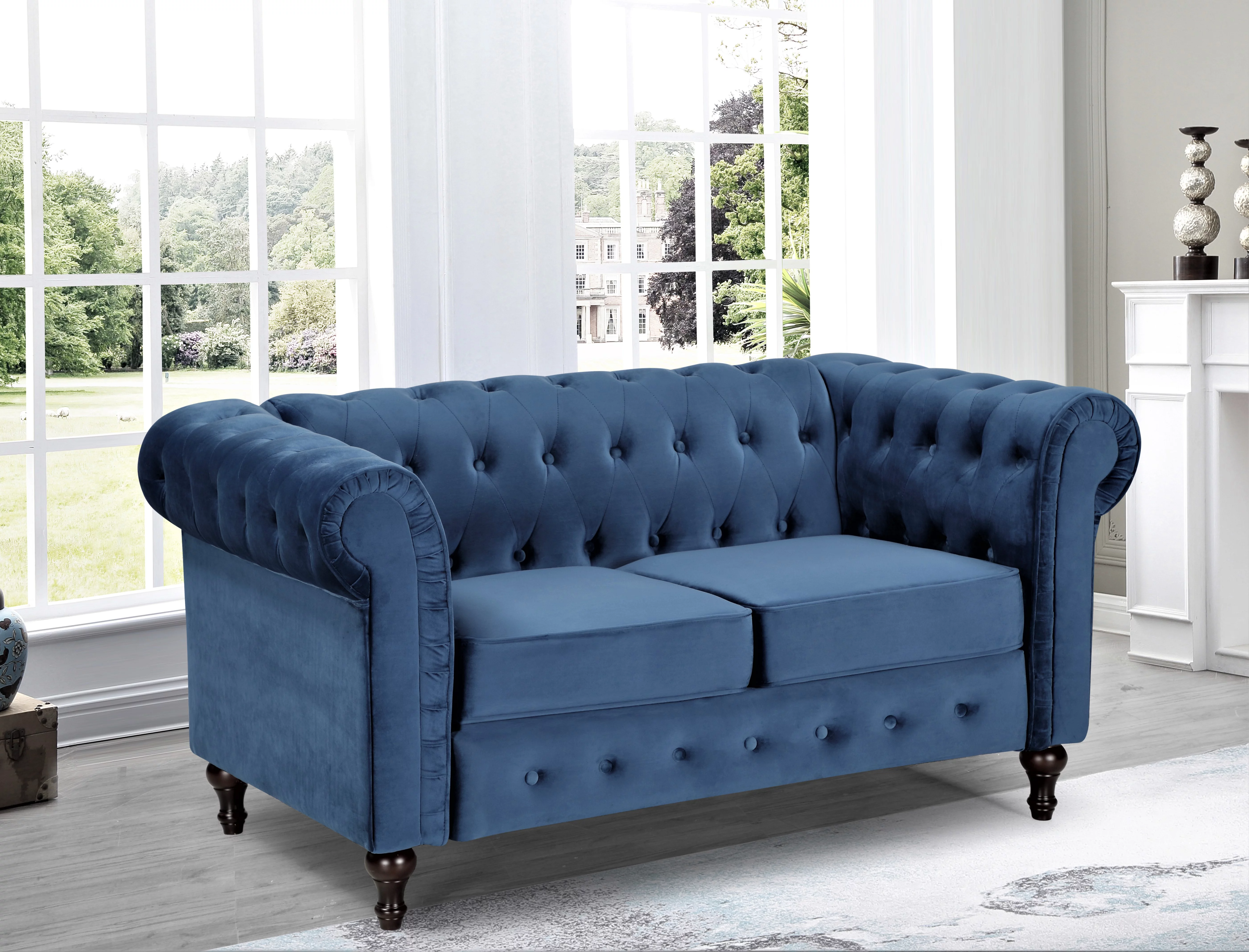 Uspridefurniture Shamblin 61'' Rolled Arm Chesterfield Velvet Loveseat -Blue