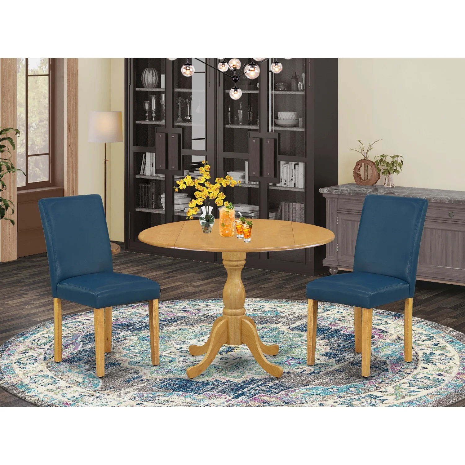 East West Furniture Dublin 3-piece Wood Dining Set in Oak/Oasis Blue