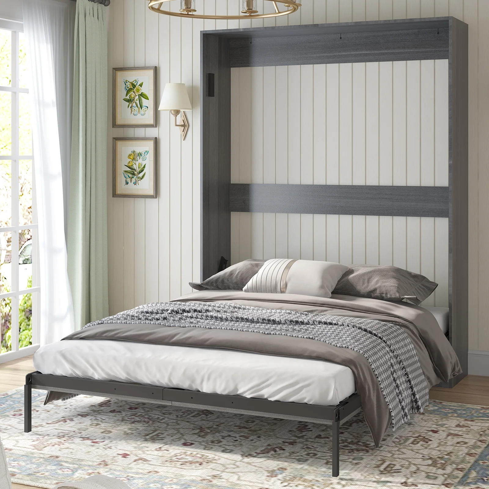 MUZZ Murphy Bed with Wardrobe, Foldable Wall Bed with Space Saving Design, Fold up Murphy Bed Cabinet for Storage, Multifunctional Cabinet Bed for Bedroom/Apartment(Style5,DarkGrey)