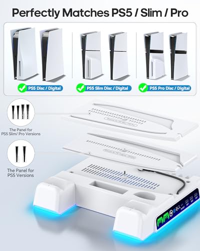 PS5/ Slim/Pro Stand for Disc & Digital Console, PS5 Cooling Station with Dual Controller Charging Station for PlayStation 5 Console, 3-Level Fan PlayStation 5 Controller Charger Accessories Stand