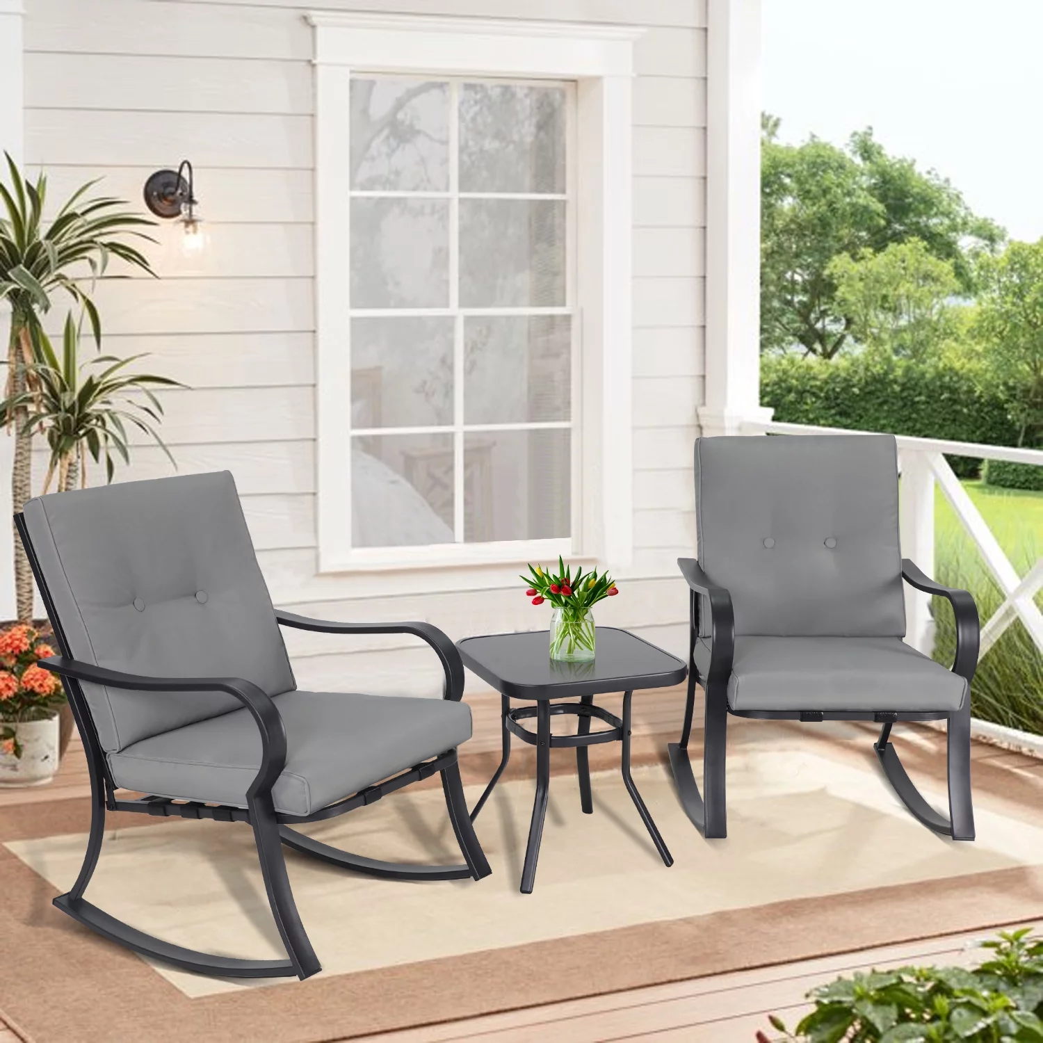 SOLAURA 3-Piece Outdoor Rocking Chairs Set, Black Iron Patio Furniture with Gray Thickened Cushion & Glass Coffee Table