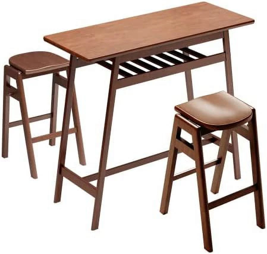 AngLink 3 PCS Pub Dining Set Retro Bar Table Rubber Wood Stackable Backless High Stool for 2 with Shelf and Hooks for Home Bar Small Space
