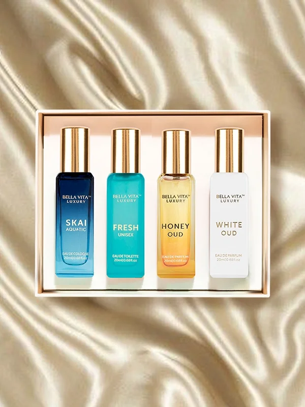 Bella Vita Organic Unisex Luxury Perfume Gift Set 4x20 ML For Men & Women | SKAI | FRESH | WHITEOUD | PATCHOULI | Luxury Scent with Long Lasting Fragrance Eau De Parfum