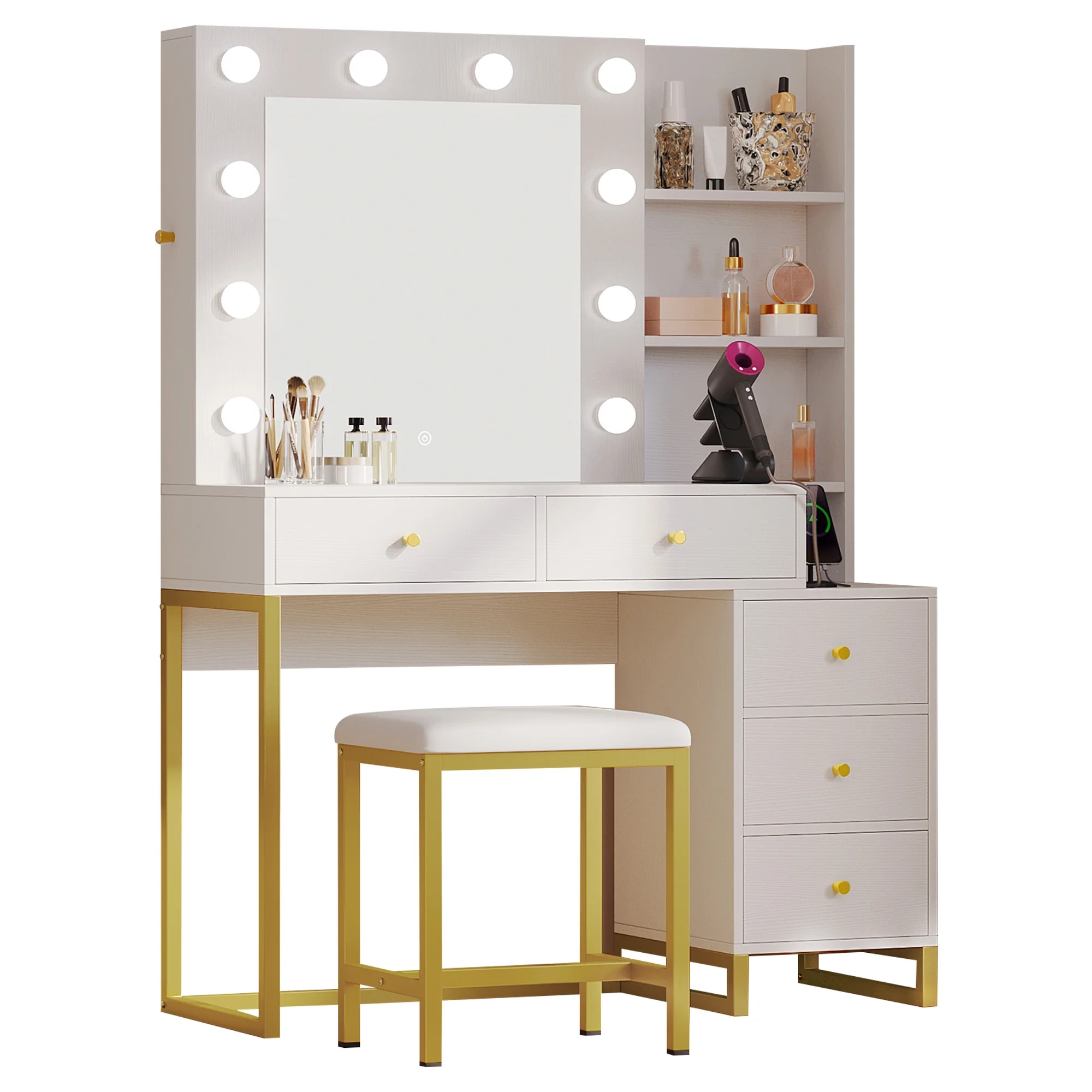 DWVO Vanity Table Set with 3 Color Lighted Mirror & Stool,Dressing Table with Sliding cabinet & Charging Station , Makeup Table with Storage Shelves & Drawers, Modern Vanity Desk for Bedroom, White