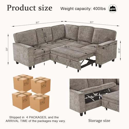 86 INCH L Shaped Convertible Sleeper Sectional Sofa Pull-Out Couch Bed, Tufted Linen Upholstered Reversible Corner Couch Pullout Sofabed w/Detachable Backrest and Storage Chaise for Living Room Office