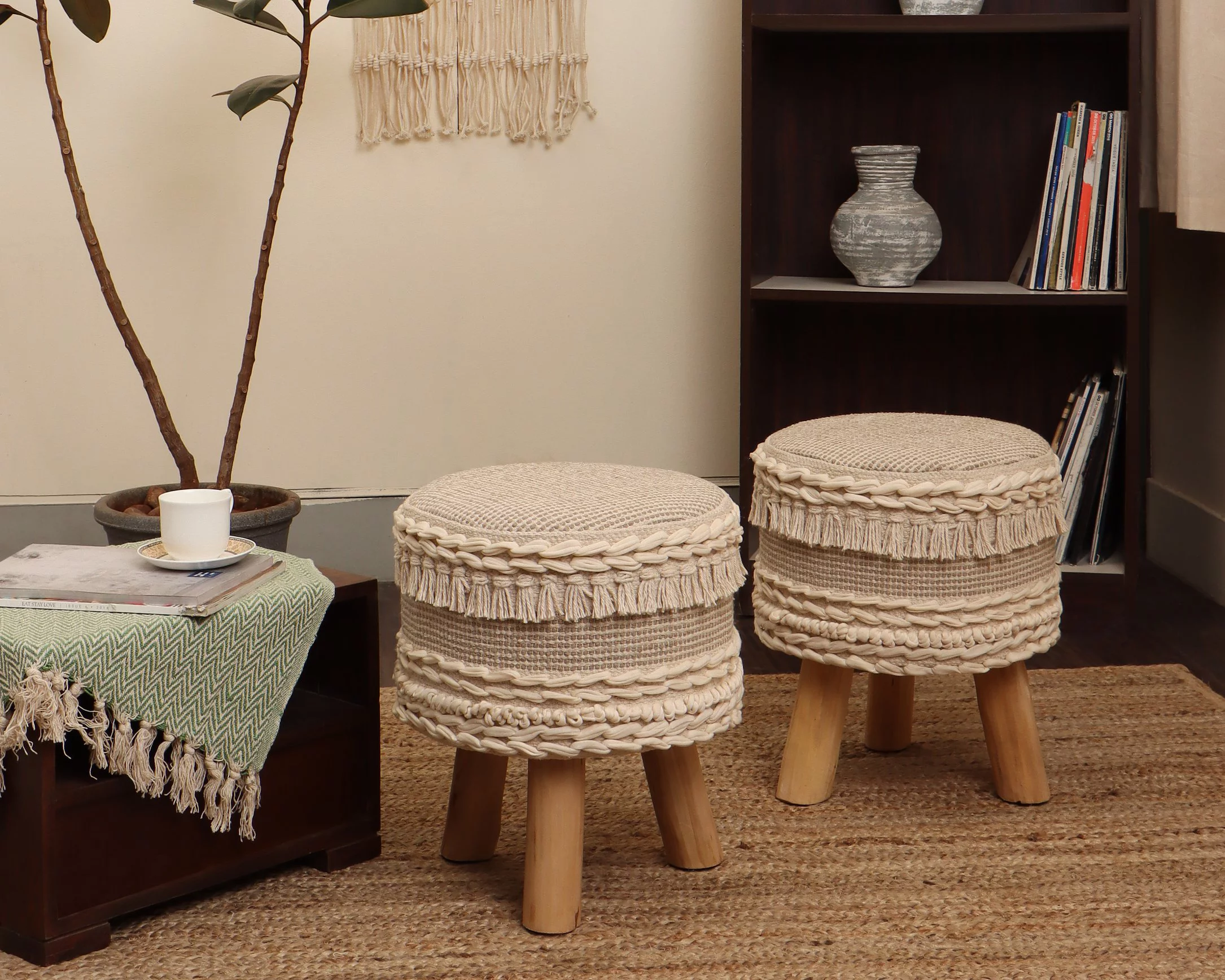 REDEARTH Foot Stool -Handmade Wooden 4 Legs Tufted Seat Footrest for Living Room, Bedroom, Nursery, kidsroom, Patio, Gym; 100% Cotton 16x14x14; Natural