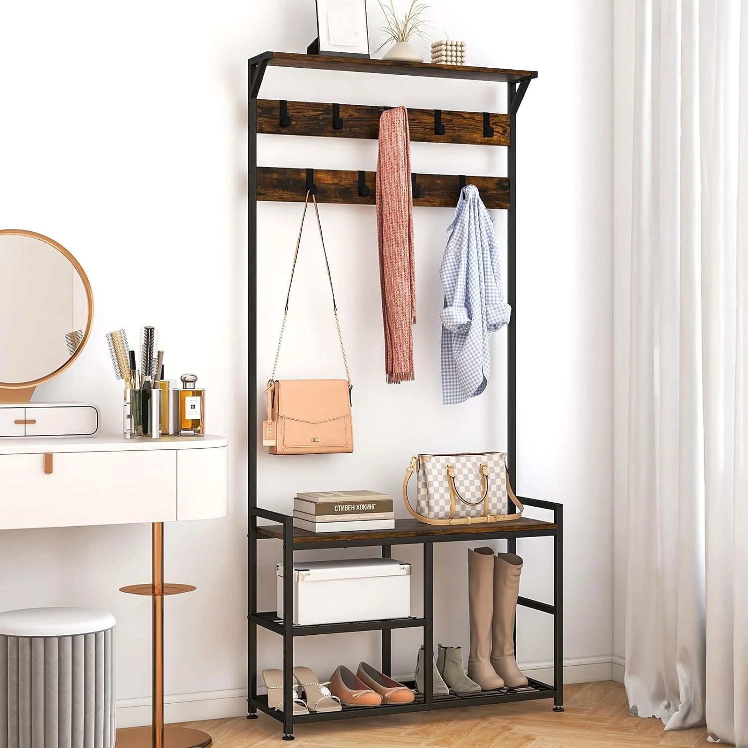 HOOMHIBIU Coat Rack Shoe Bench  3-In-1 Industrial Hall Tree w/ Bench & 9 Hanging Hooks  3-Tier Wood Look Entryway Bench w/Metal Frame  Adjustable Foot Pads for Dorm  Apartment  Hall