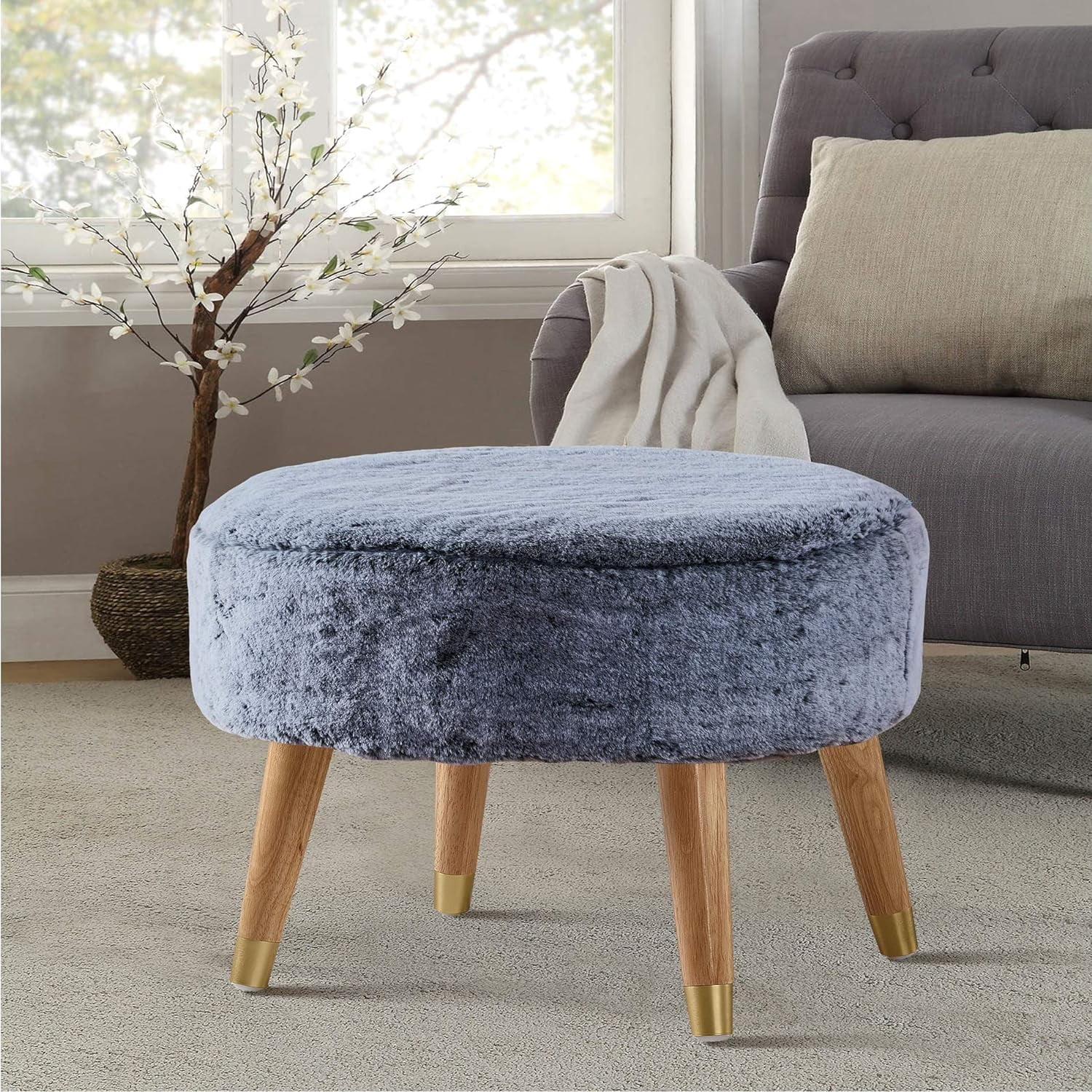Heavy Faux Fur Oval Ottoman, 22'' X 18'' X 18'', Black, Super  Fuzzy Round Makeup Ottoman Bedroom Foot Rest Stool For Living Room Entryway Chair  Decor