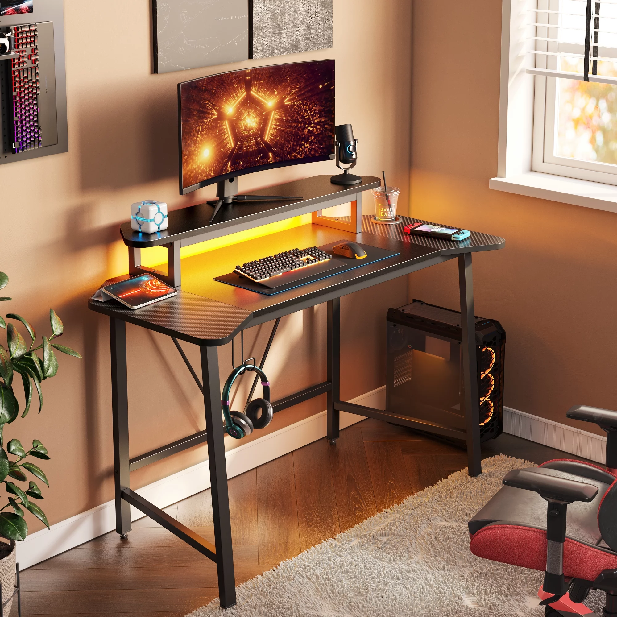 Bestier Gaming Desk 50 Inch PC Computer Desk with LED Lights Monitor Stand Cup Holder, Black