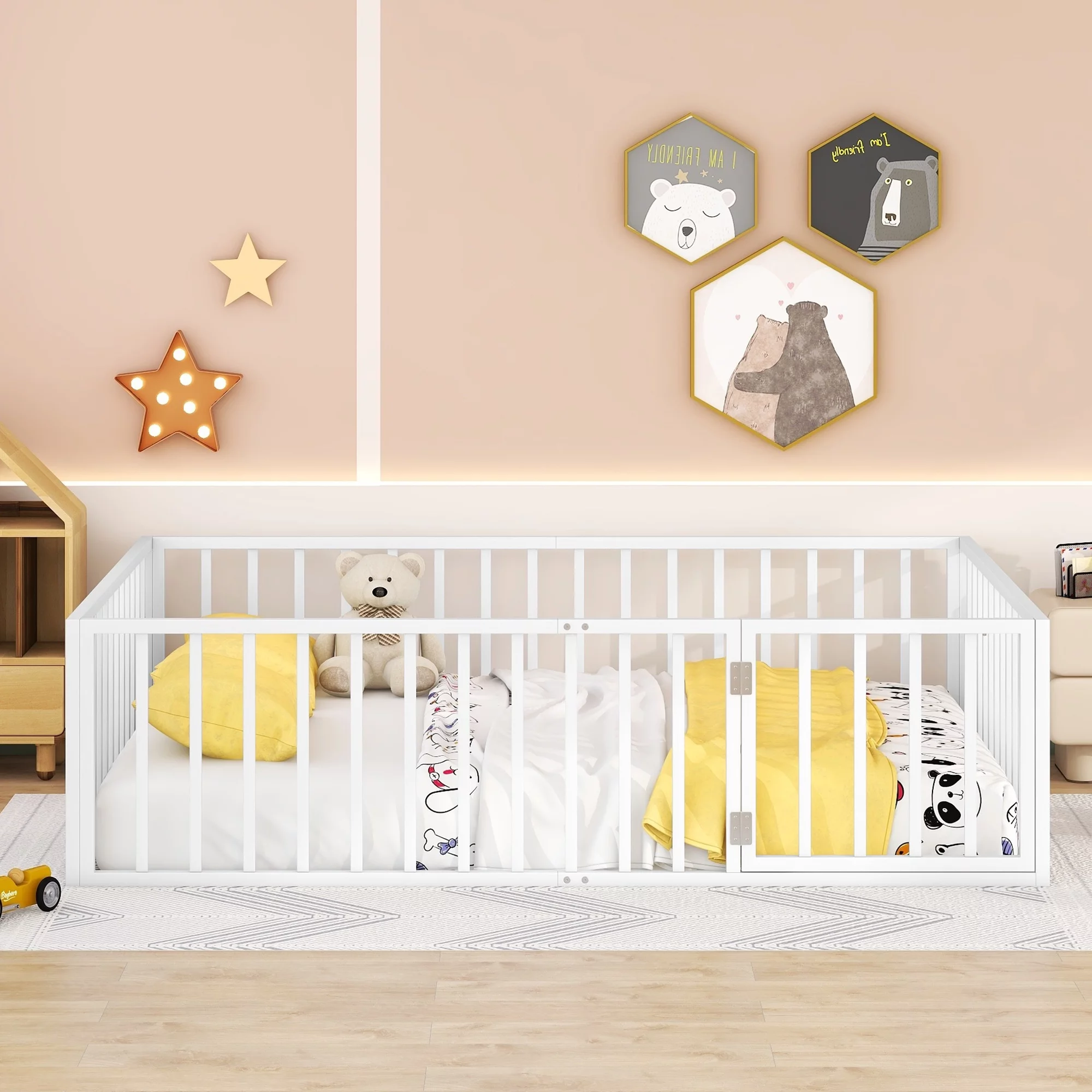 iRerts Queen Floor Bed Frame, Metal Queen Size Montessori Floor Bed Frame with Fence and Door, Kids Toddler Floor Bed Frame Queen Size for Girls Boys, Twin Bed Frame without Bed Slats, White