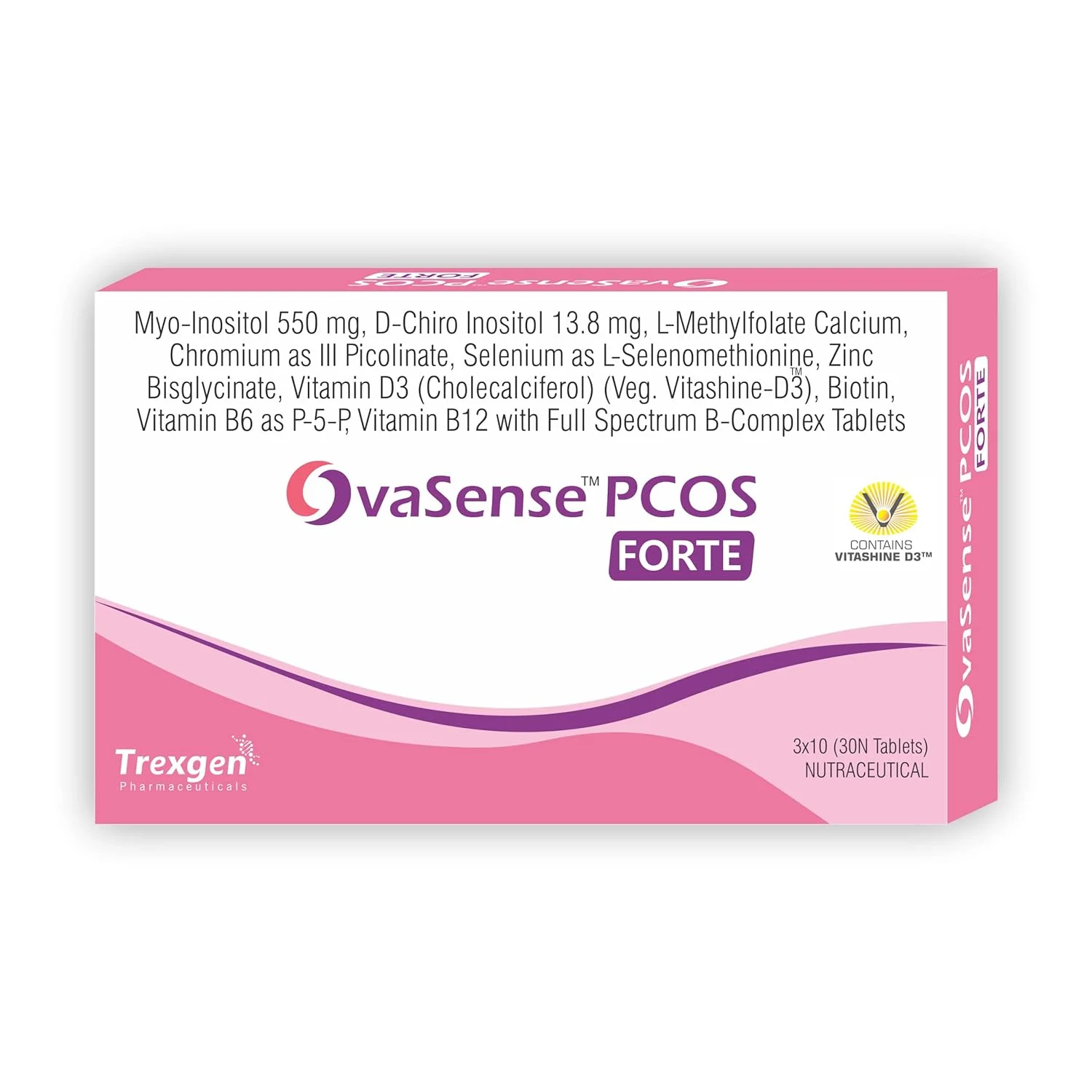 OvaSense-PCOS Forte Synergistic Myo-inositol 550mg & D-Chiro Inositol 13.8mg, Cholecalciferol, B-complex,Zinc, Chromium, Selenium & Micronutrients 30 Tablets