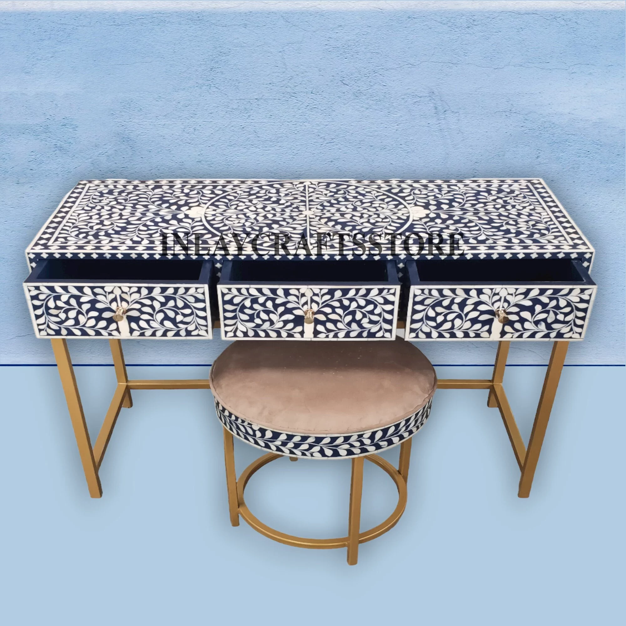 LAKECITY ARTS Bone Inlay Scrollvine 3 Drawers Console and Stool Indigo Blue, Bone Inlay Scrollvine Desk and Stool Indigo Blue, Bone Inlay Storage Unit