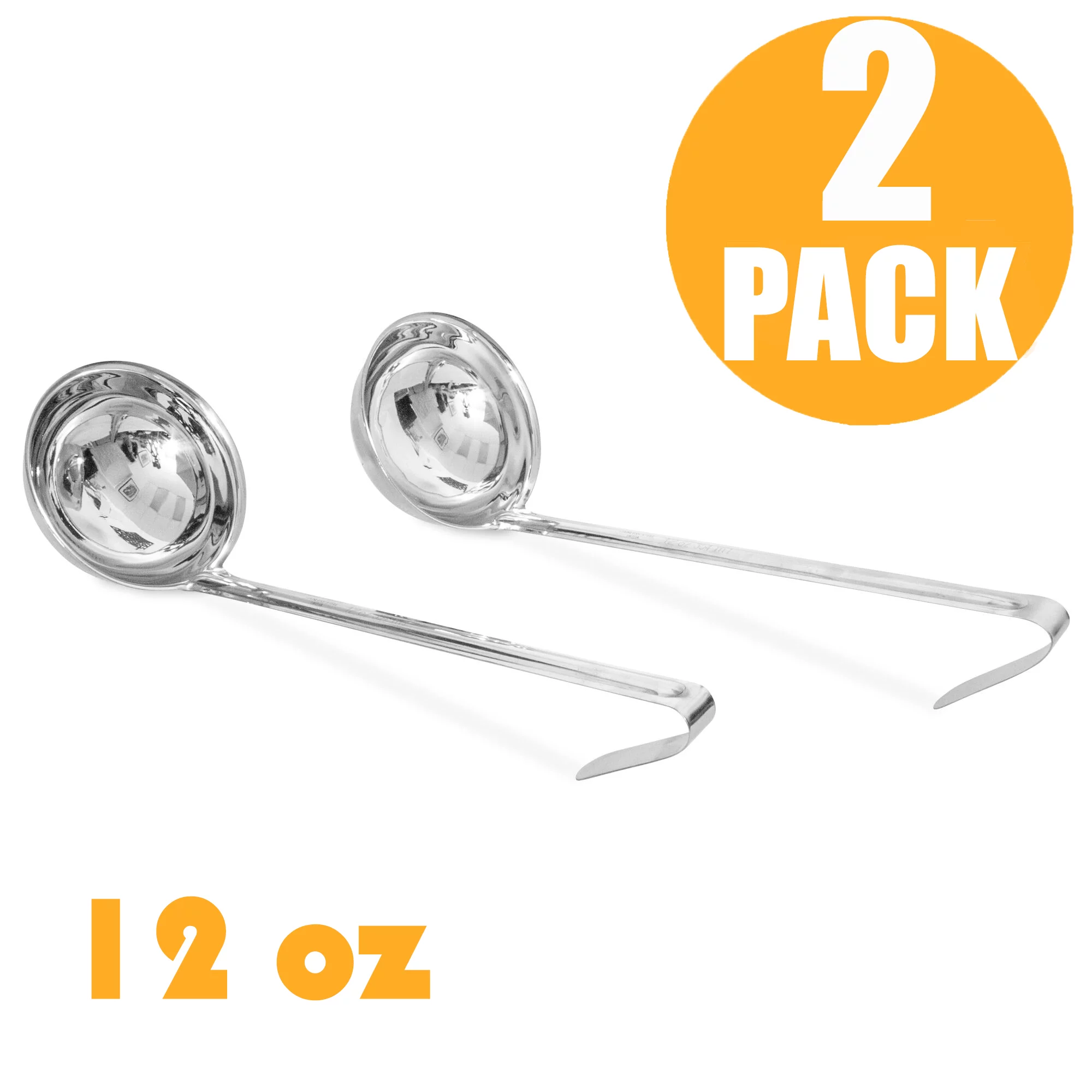 [2 Pack] 12 Oz Stainless Steel Soup Ladle - One-Piece Sauce Spatula with Hook Handles, Commercial Grade Serving Spoon, Kitchen Tool for Restaurant or Home Cooking, Mirror Finish, 14.75” Long