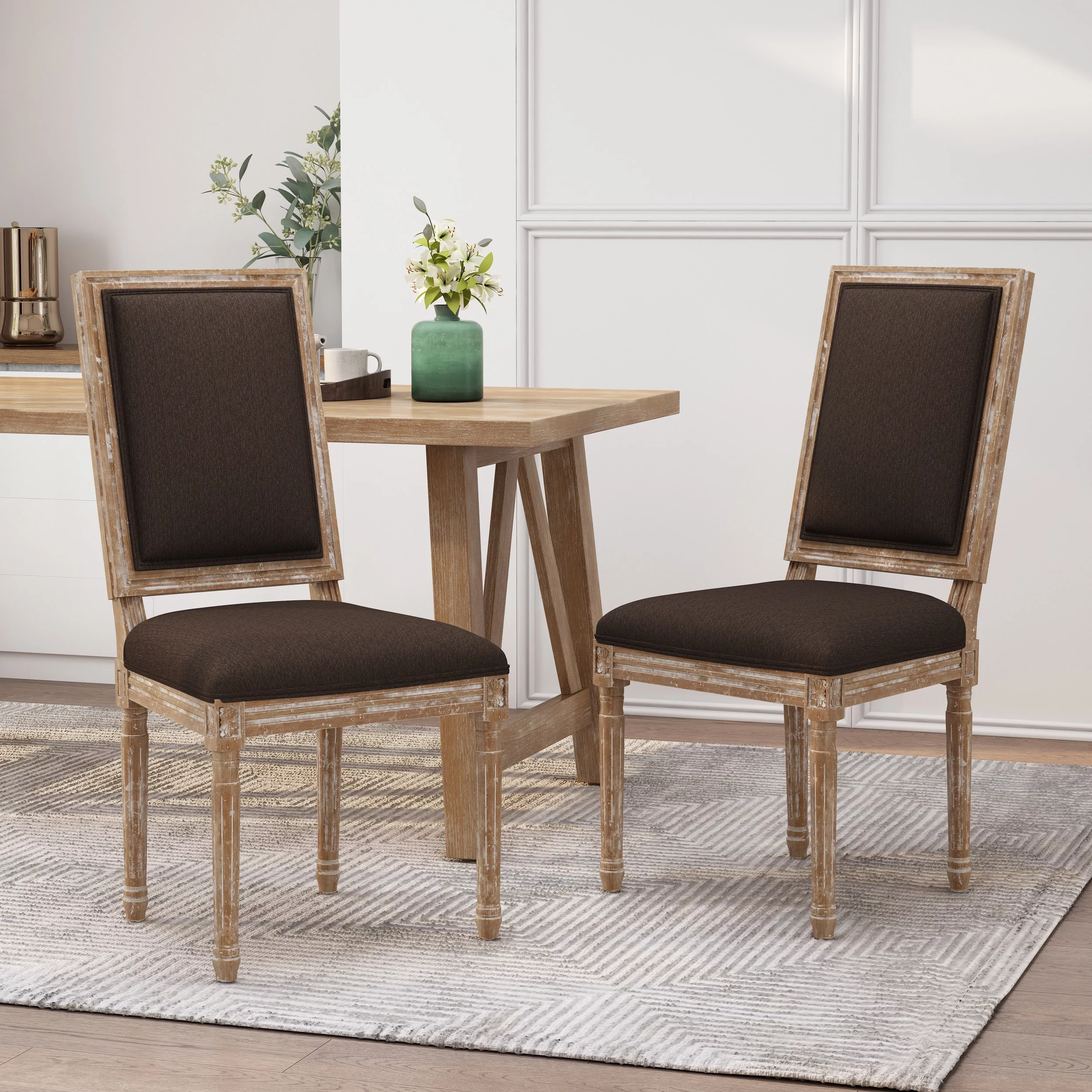 Noble House Robin French Wood Upholstered Dining Chair, Set of 2, Brown