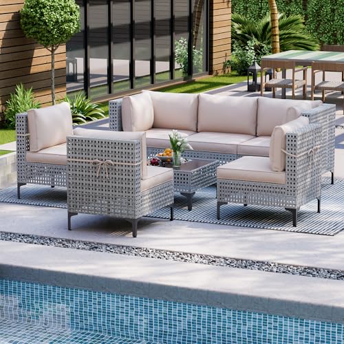 7 Pieces Wicker Patio Furniture Sets, Outdoor Patio Sectional Conversation Sets with Coffee Table All-Weather Outdoor Seating Furniture with 4