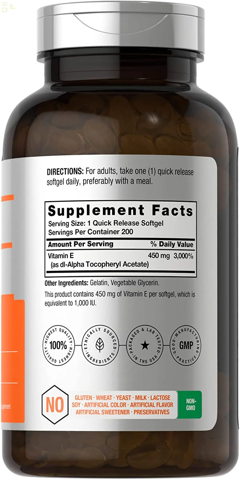 Vitamin E 1000 IU Softgel Capsules | 200 Count | Non-Gmo, Gluten Free, Preservative Free | Vitamin E Oil