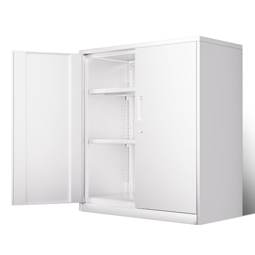 DNA MOTORING Metal Storage Cabinet, 36'' Locking Cabinet with 2 Doors and 2 Adjustable Shelves, Metal Cabinet Heavy Duty Utility Cabinet for Garage,Office,Home,Gym, Gray White, TOOLS-00631-GY-WH