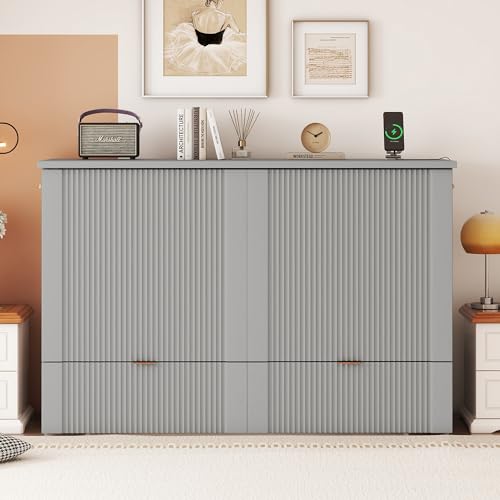 Harper & Bright Designs Full Size Murphy Bed, Wood Full Wall Bed with Drawer and a Set of Sockets & USB Ports, Pulley Structure Design, Gray