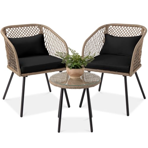 Best Choice Products 3-Piece Outdoor Wicker Bistro Set, Patio Dining Conversation Furniture for Backyard, Balcony, Porch w/Diamond Weave Design, Tempered Glass Side Table, 2 Chairs - Black