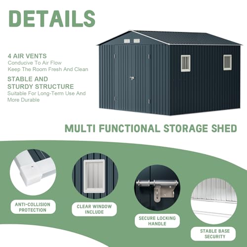 Outdoor Storage Shed 10 x 12ft. Utility Tool Shed Metal Storage Garden Shed with Lockable Doors, Windows & Metal Frame Floor for Patio Storage,Brown