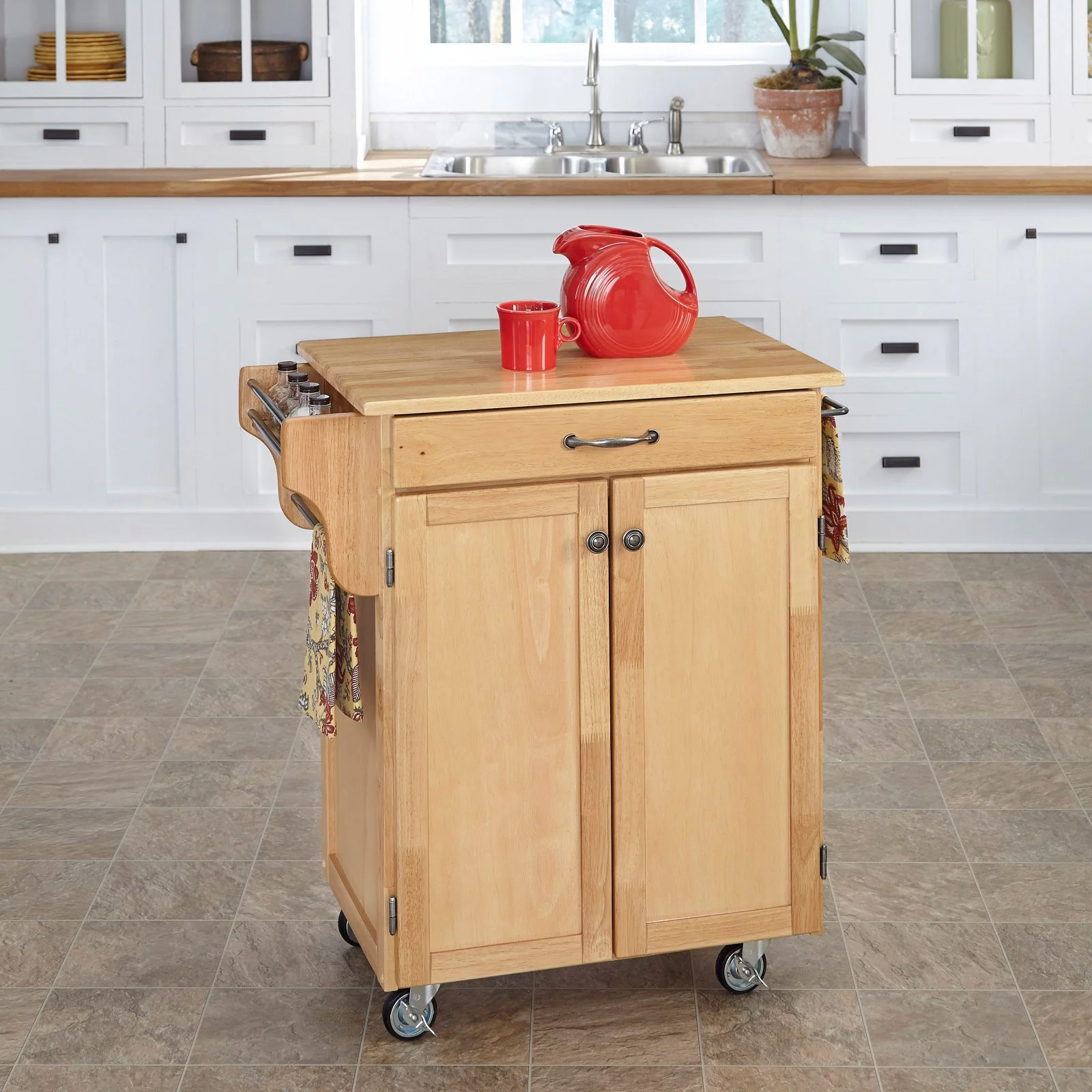 Homestyles Cuisine Cart Off White Wood Kitchen Cart-Finish:White,Option:Stainless Steel