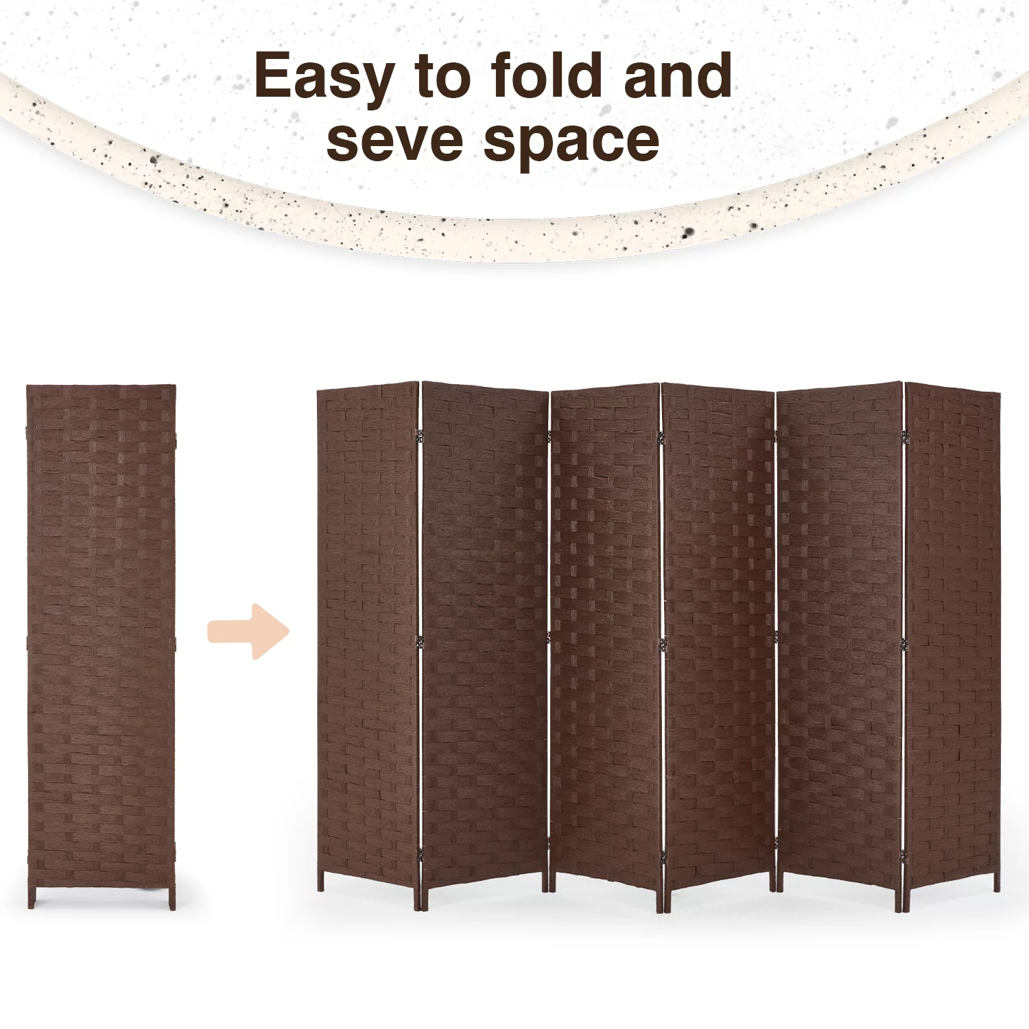 YODOLLA 6 Panels Room Divider, 6 FT Tall Weave Fiber Room Divider, Double Hinged Folding Privacy Screens, Freestanding Room Dividers, Brown