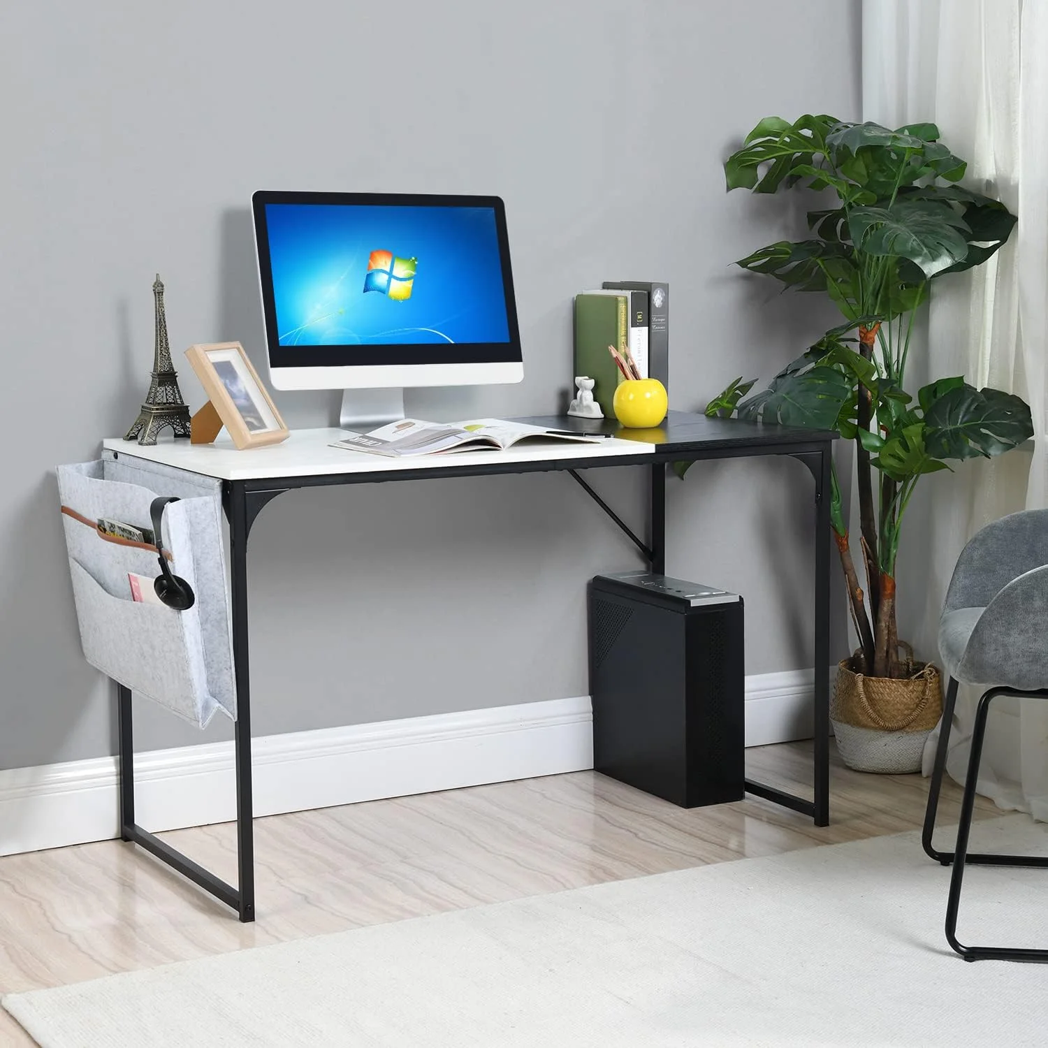 Highsound 47 inch Modern Simple Style PC Metal Frame Computer Desk with Storage Bag, Space Saving Study Writing Table for Home Office-Black&White