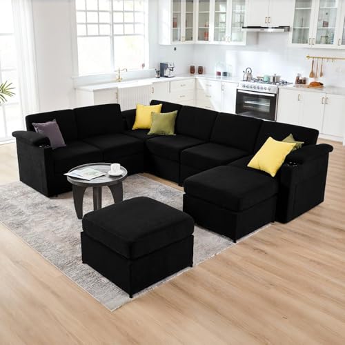 Modular Sectional Sofa Couch for Living Room Velvet Cloud Couches Oversized U Shaped Sectional Couch Convertible Sleeper Sofa Chaise Padded Armrests Washable Cover Cup Holder (Grey, 8 Seats)