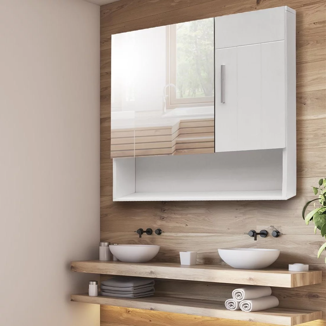 Zimtown Bathroom Wall Cabinet, Medicine Cabinet, Wall Mount Mirror Cabinet Storage Organizer for Kitchen Laundry Room Hotels, White