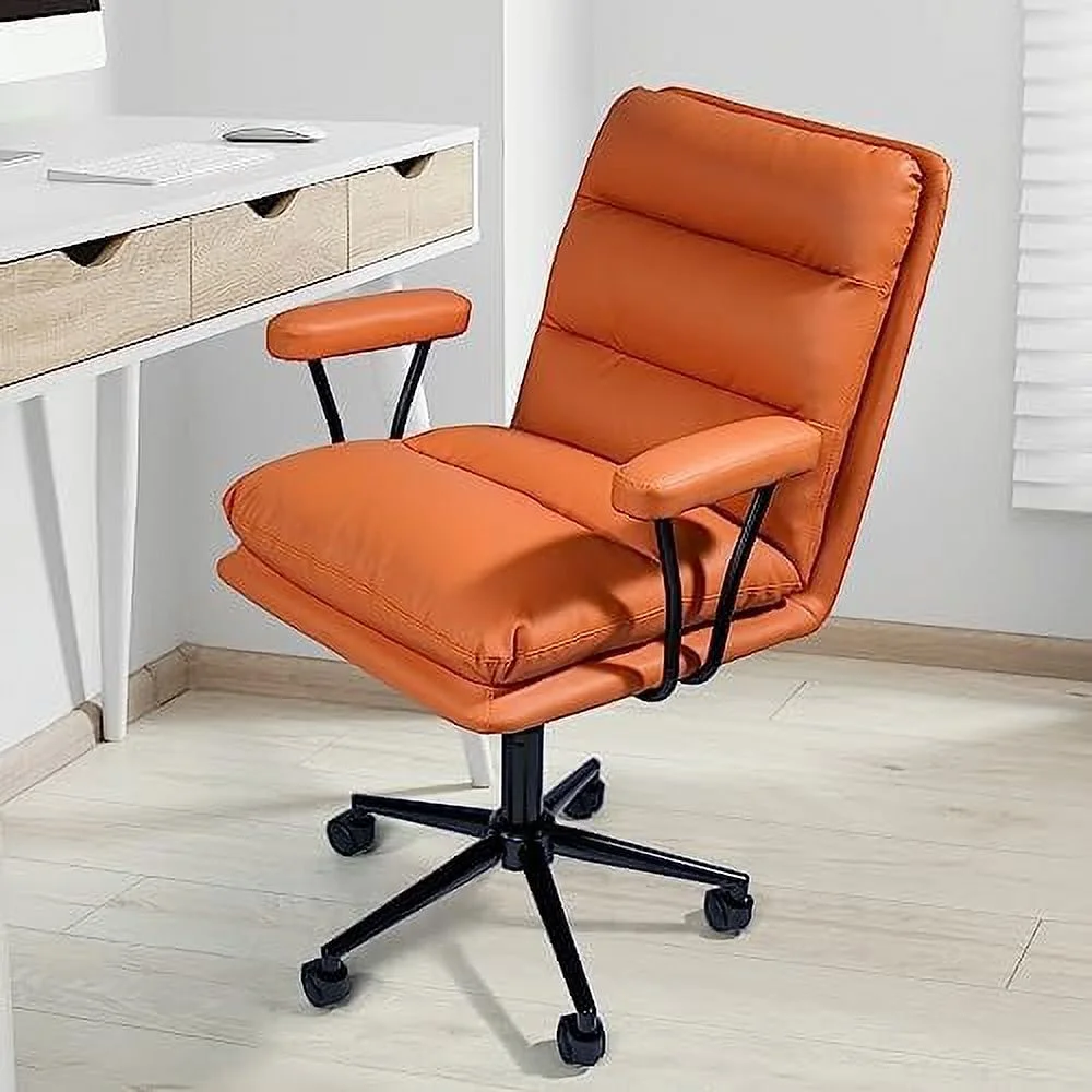 KHBIULIFE Modern Padded Desk Chair  Swivel Upholstered Desk Chair with Armrests  PU Leather Makeup Vanity Chair with Tilt &  Degree Swivel  Modern Computer Rolling Chair  Orange