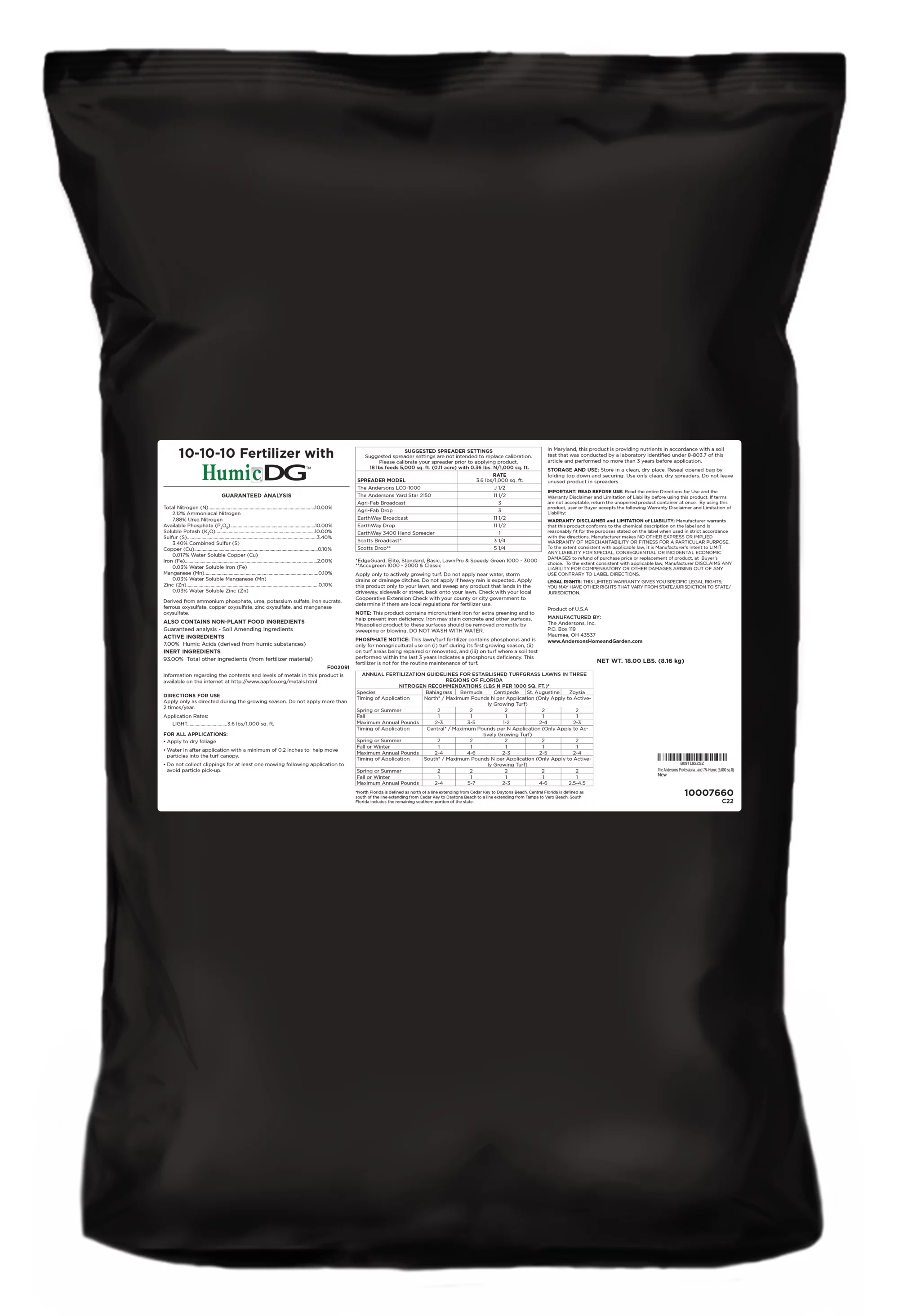 The Andersons Professional 10-10-10 Fertilizer with Micronutrients 2% Iron and 7% Humic - 18lb. (5,000 sq ft)