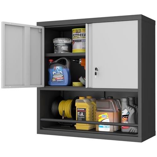 31.5''H Metal Garage Storage Cabinet with Wheels, Small Tool Storage Cabinets with Lock, Lockable Steel Rolling Tool Chest with Doors & Adjustable Shelves for Garage, Home, Office