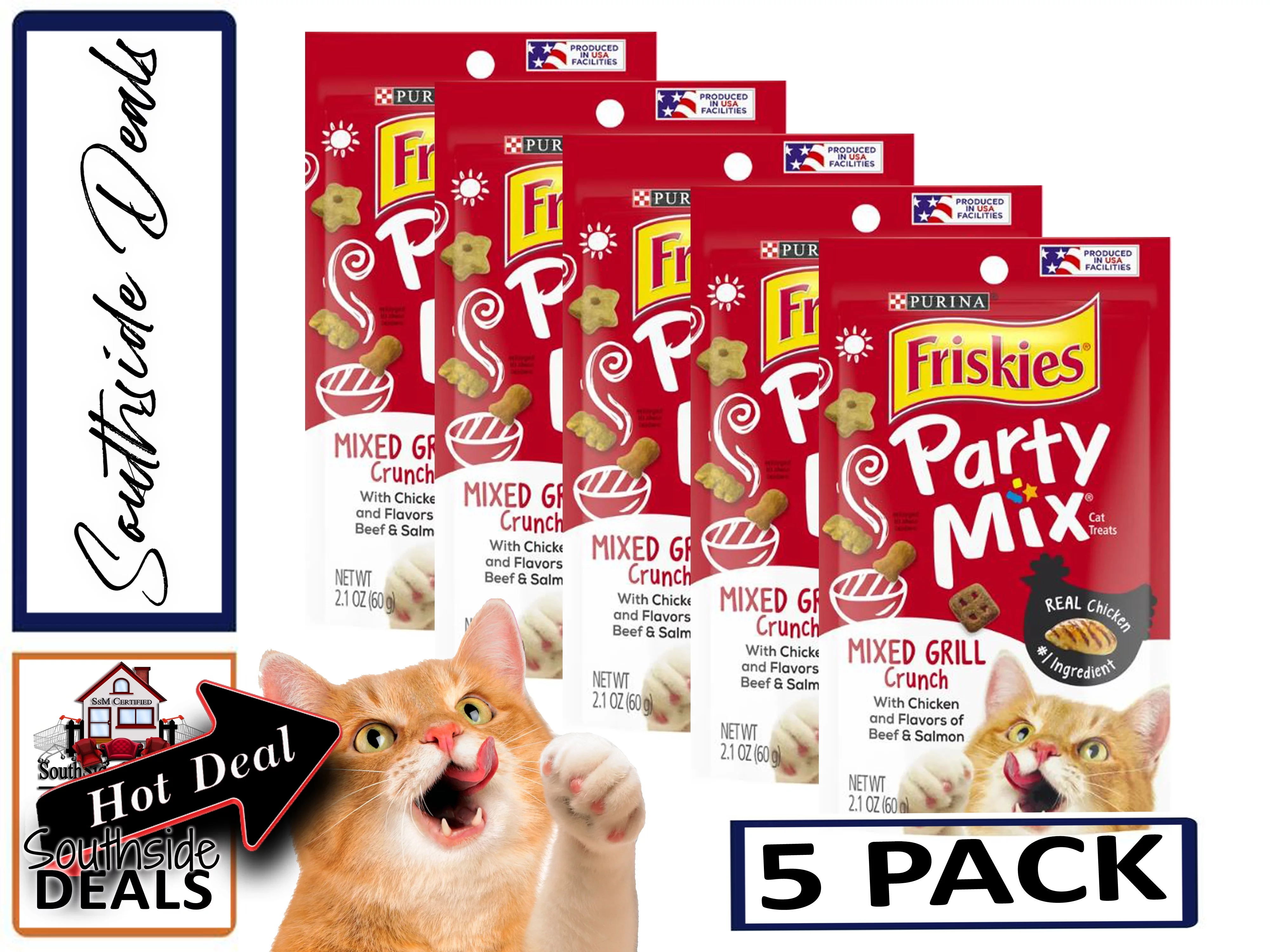 Friskies (5 Pack) Cat Treats, Party Mix Mixed Grill Crunch, 5 - 2.1 oz. Pouches