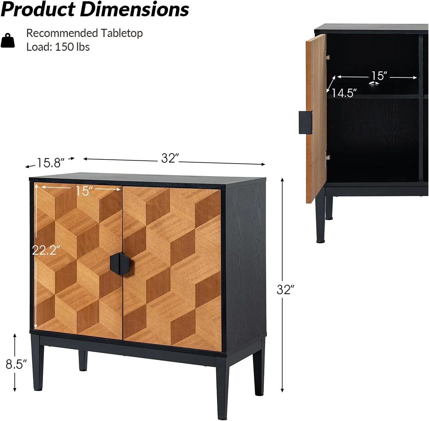 Accent Storage Cabinet With Natural Wood Legs, 2-Tier Shelf Sideboard Buffet Cabinet, Cupboard Console Table, Black