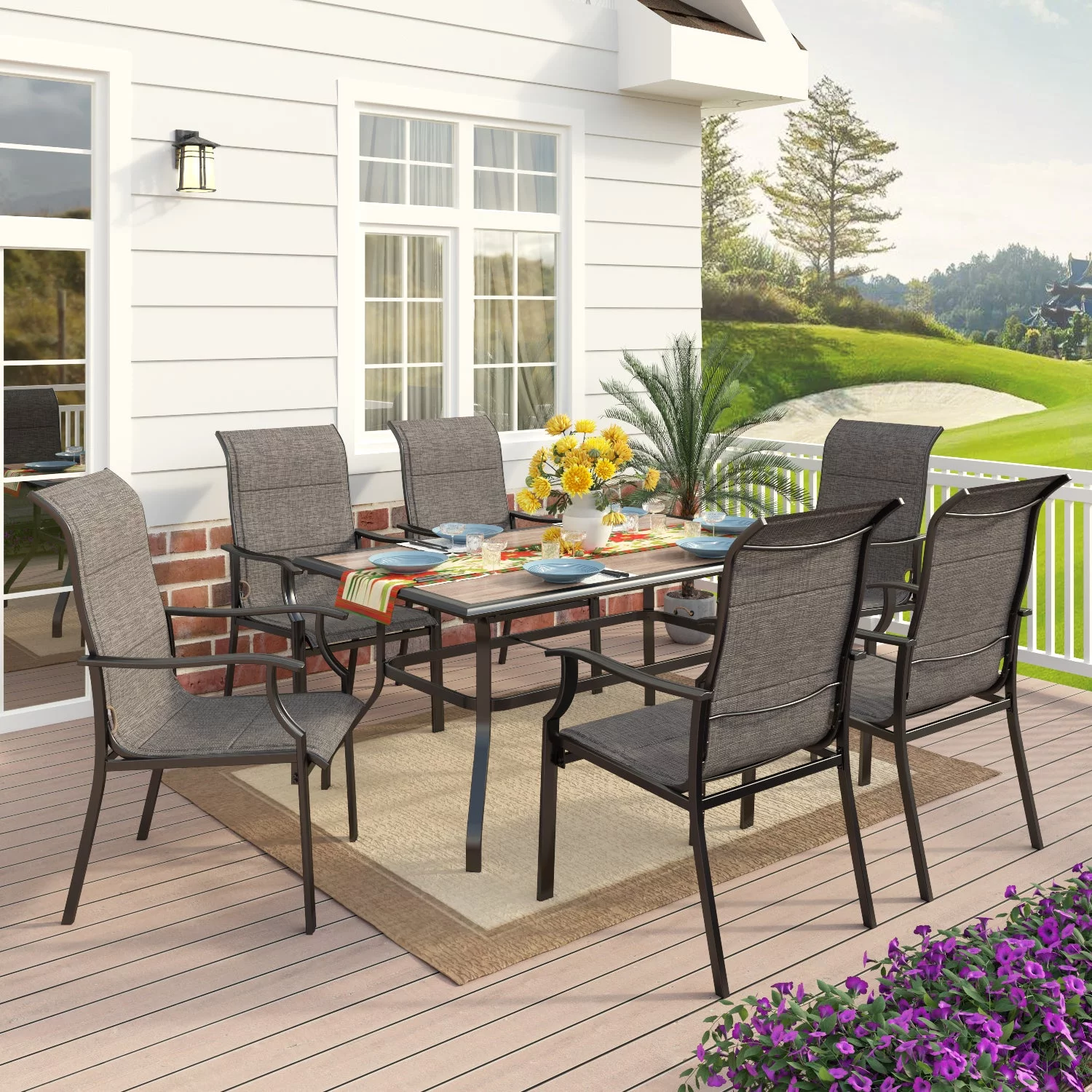 MF Studio 7 Pieces Outdoor Patio Dining Set with 6 Padded Textilene Chairs & Rectangular Steel Frame Table, Black & Gray