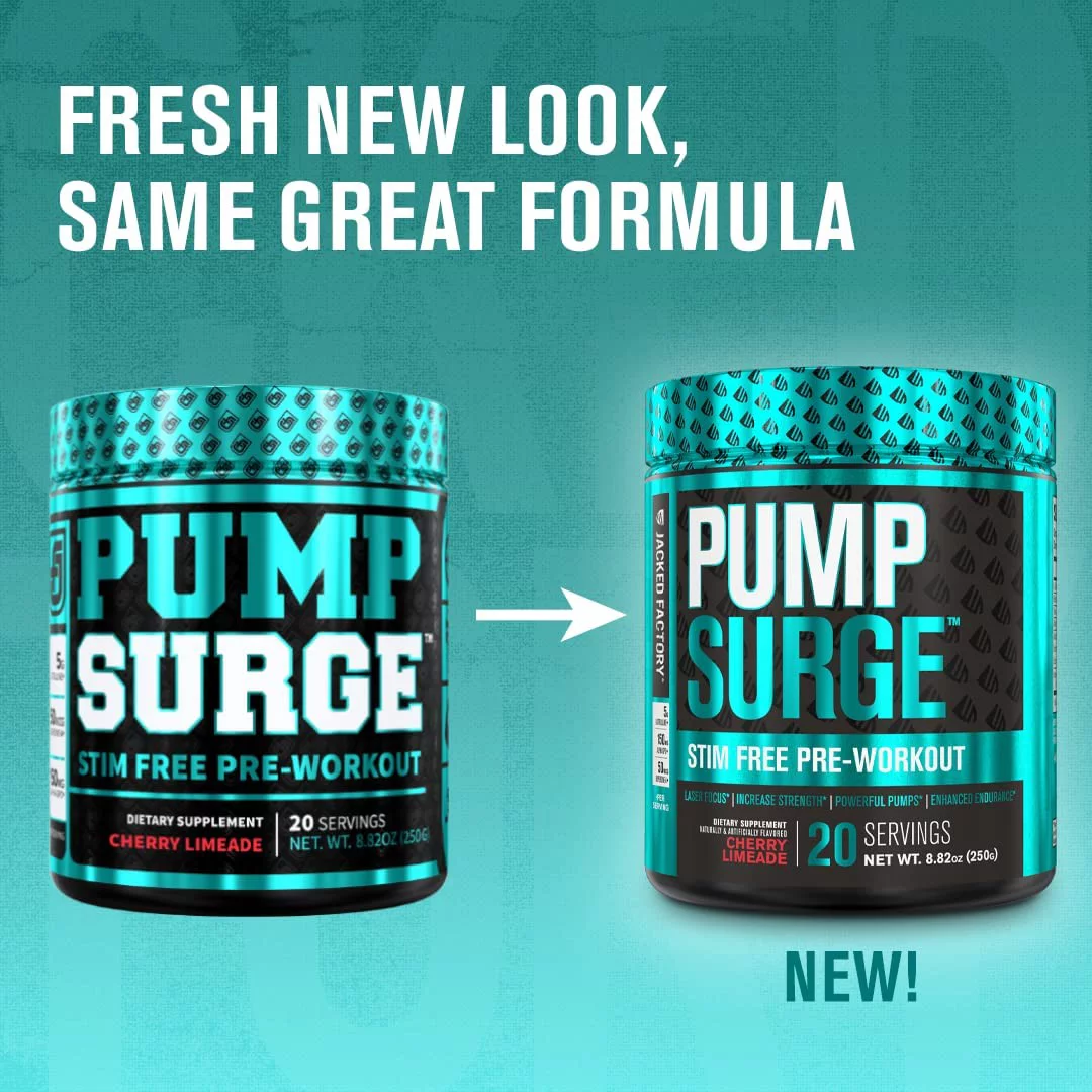 PUMPSURGE Caffeine Free Pump & Nootropic Pre Workout Supplement - Non Stimulant Preworkout Powder & Nitric Oxide Booster - 20 Servings, Cherry Limeade