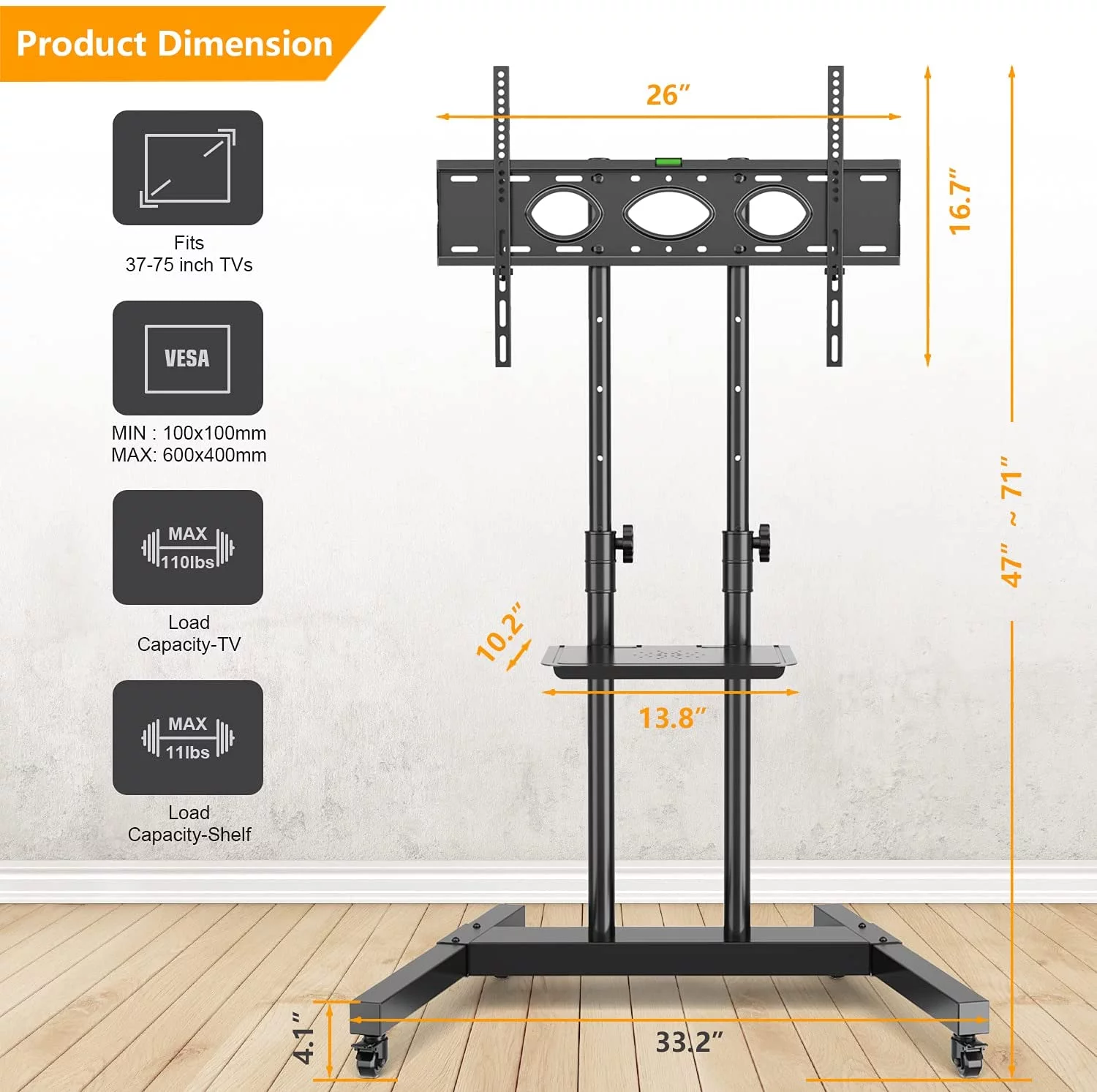 Modern Tall Mobile TV Cart for 32 to 65 inch TVs Black Rolling TV Stand with Wheels