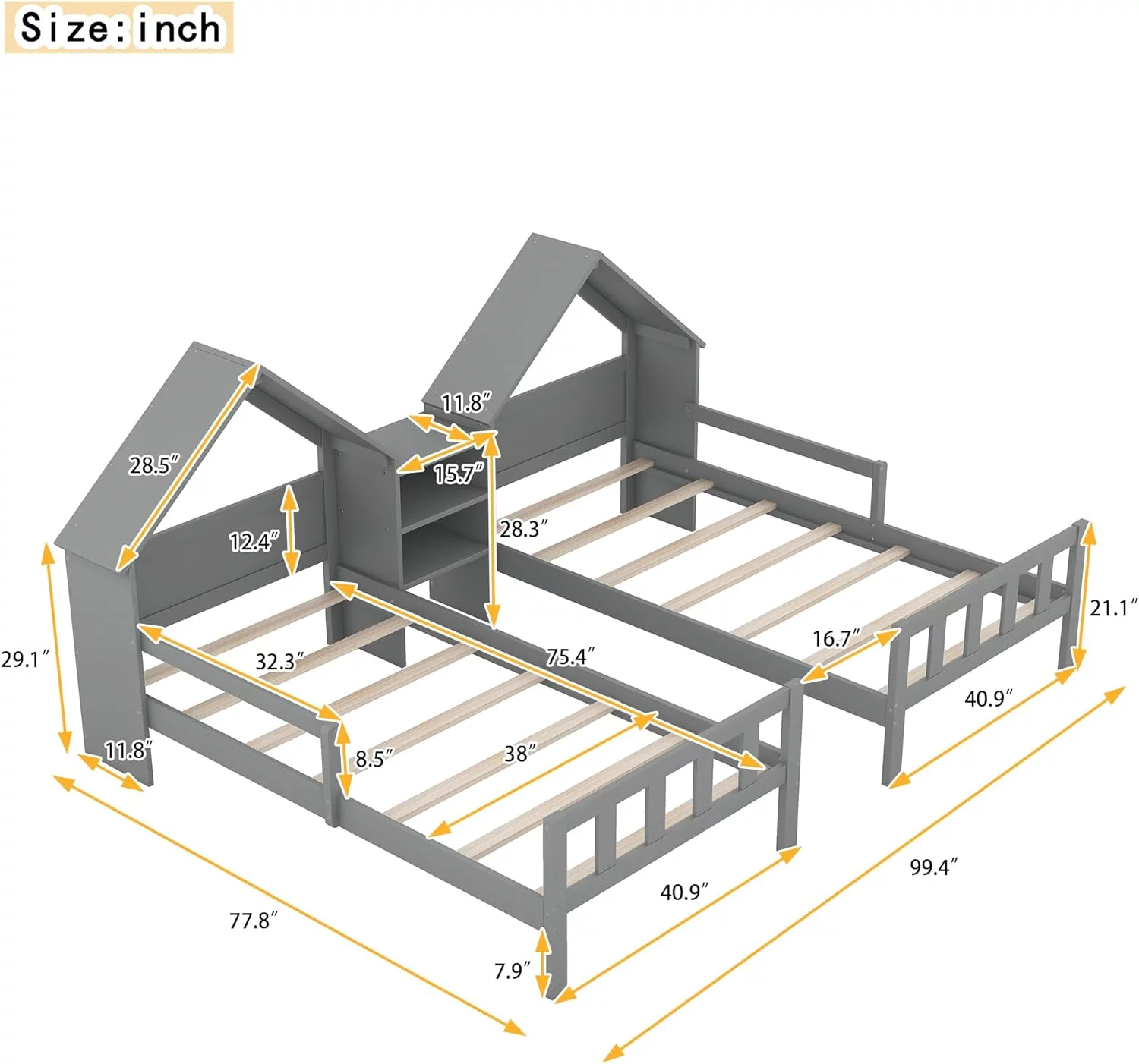 Double Size Platform Bed, Shared Bed Frame With House-Shaped Headboard And A Built-In Nightstand,Grey