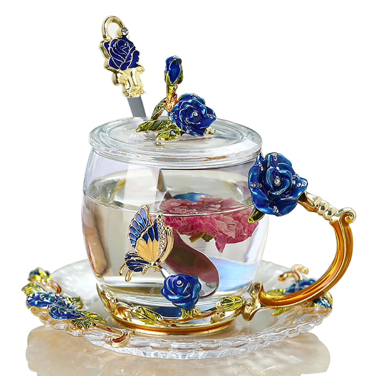 Glass Tea Cup Coffee Cup, Enamel Colored Handmade 3d Vintage Flower Cup with Lid, Coaster and Spoon, Unique Blue Rose Enamel Design, Heat-Resistant Tea Cup Crystal Glass Gift Set (320ml)